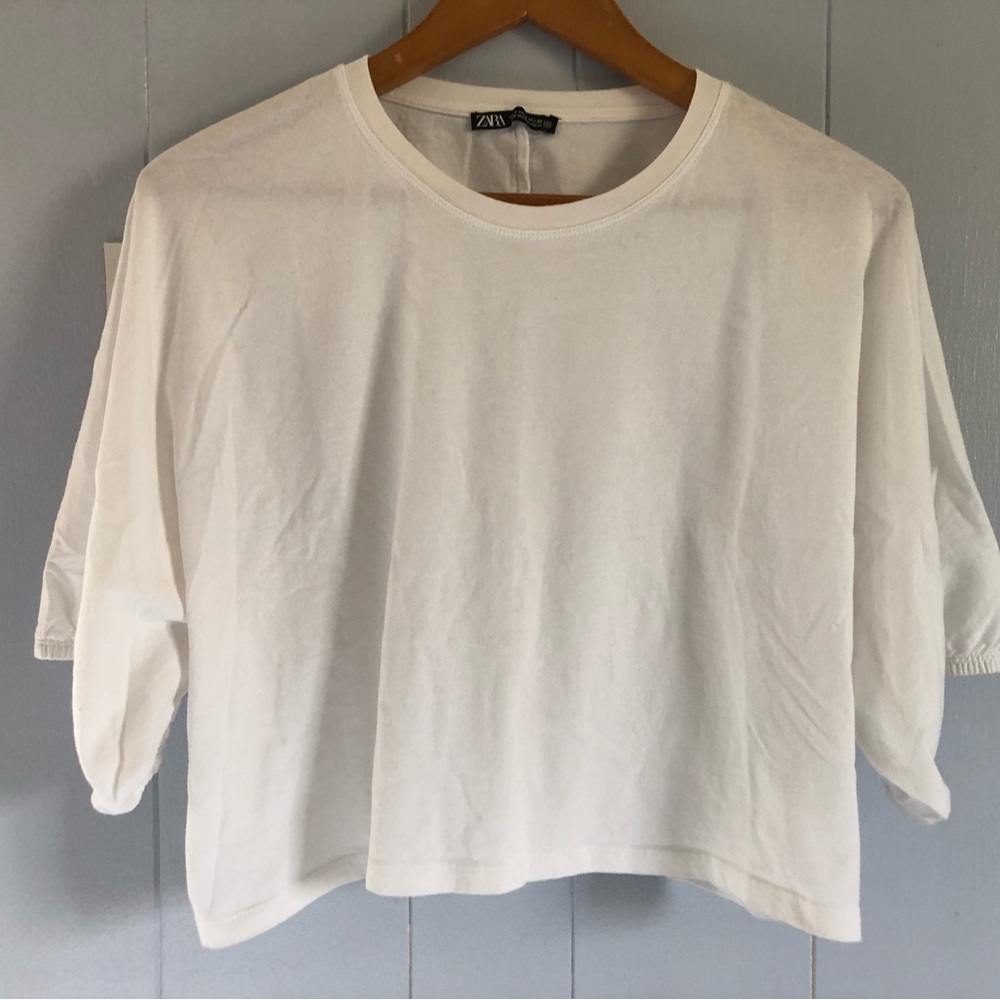 Zara White Boxy Cropped Tee w puffed sleeve M NWOT